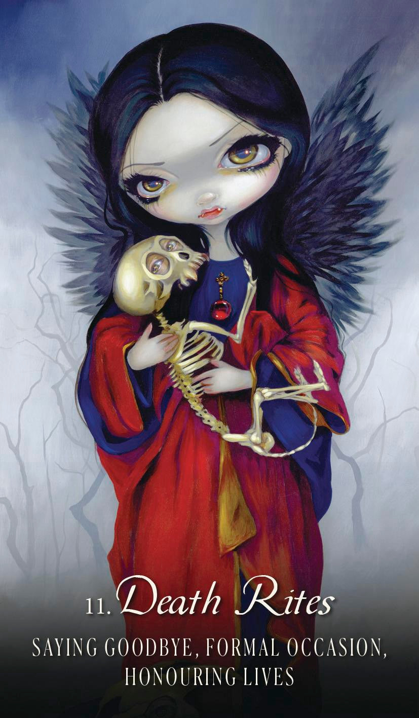 Illustration of an angel holding a skeleton with text 'Death Rites' at the bottom.