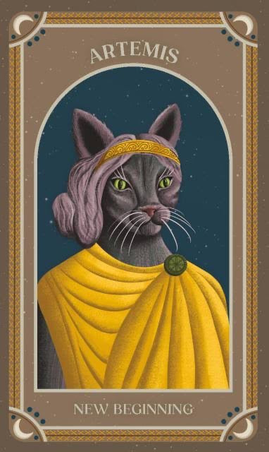 Illustration of a cat with a headpiece and yellow garment, labeled 'Artemis New Beginning' on a decorative card.
