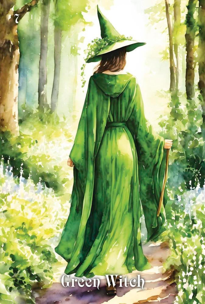 Green witch in a forest with 'Green Witch' text