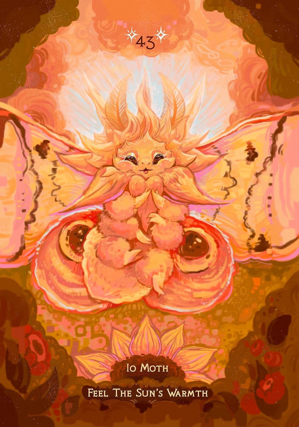 A stylized illustrated card or print showing a glowing moth-like creature with wings and large eyes, surrounded by warm orange, pink, and brown abstract background elements. Text at the top reads '43' and text at the bottom reads '10 MOTH' and 'FEEL THE SUN'S WARMTH'.