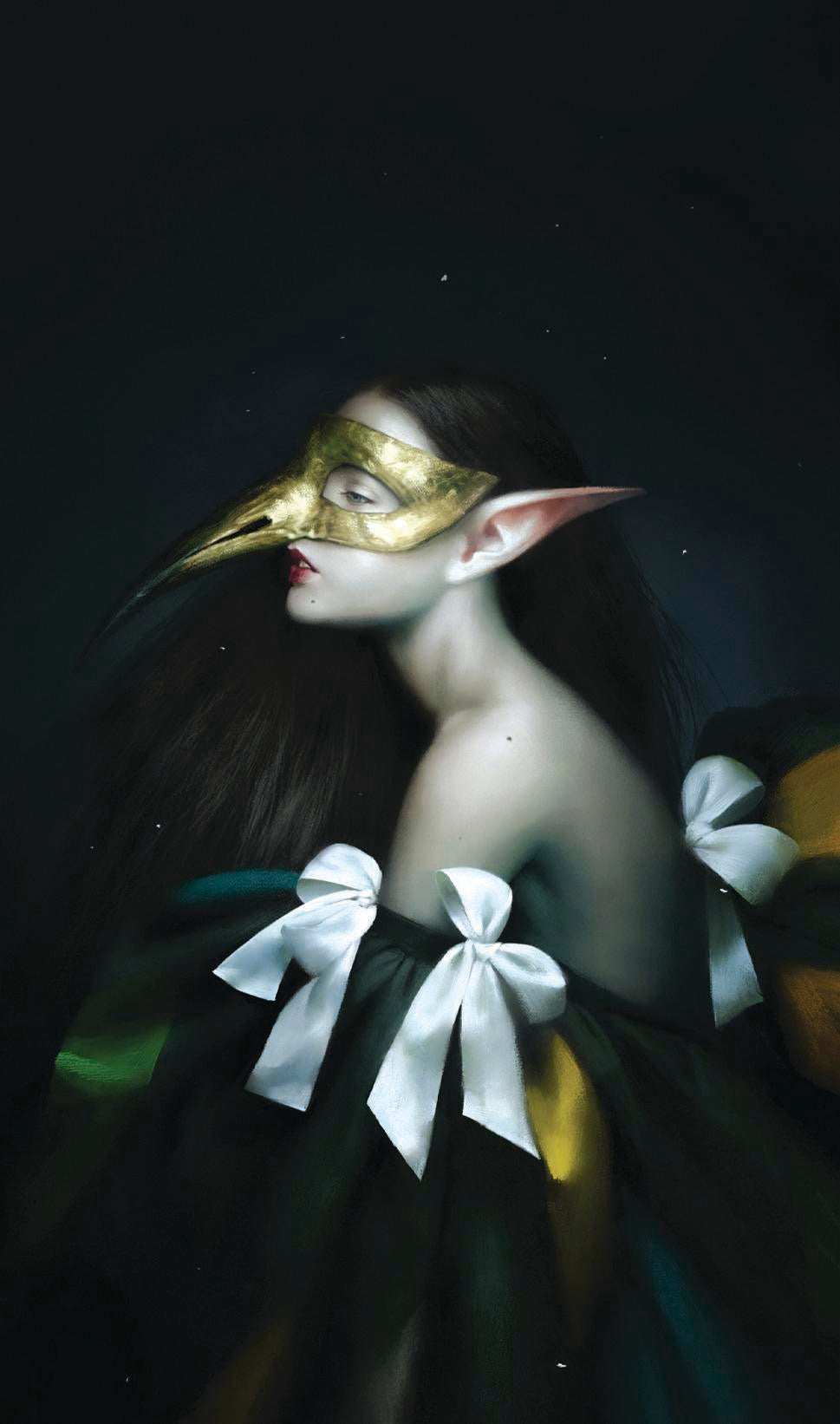 Person wearing a gold mask and dark outfit with white bows against a black background. Back of Cards Image