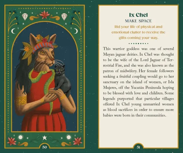 A two-page spread from a book or booklet about the Ix Chel, showing an illustrated panel of a cat-like goddess in red and gold clothing on the left, and a text panel on the right with the title 'Ix Chel MAKE SPACE' and explanatory copy on a dark teal background.