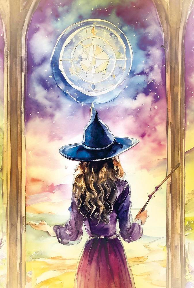 Woman in a witch's hat with a broomstick, standing in front of a large circular window with a compass design.