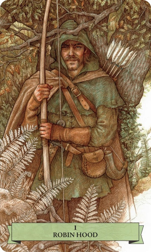 Illustration of Robin Hood in a forest setting with archery equipment.