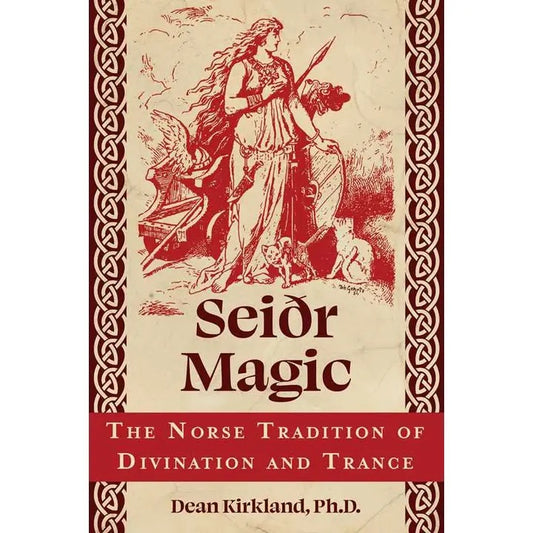 Book cover of 'Seidr Magic' with a woman holding a spear and text about Norse tradition.