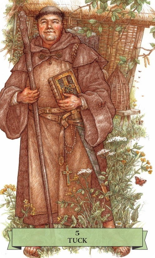 Illustration of a character in religious attire holding a book, surrounded by nature elements.