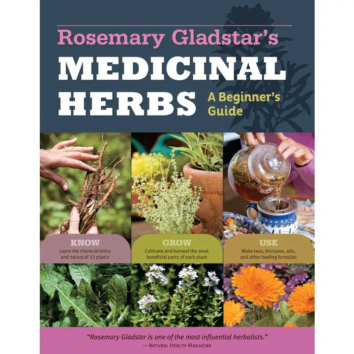Front cover of the book 'Rosemary Gladstar's Medicinal Herbs: A Beginner's Guide' showing a dark blue header with pink and white title text, and three photographic panels below illustrating herbs, harvesting hands, and pouring tea.