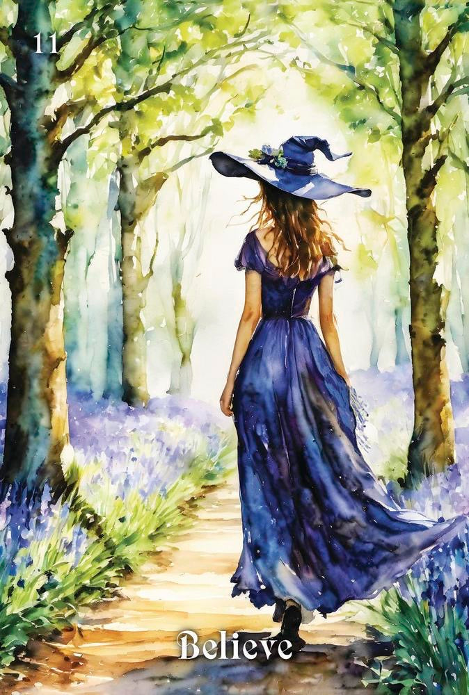 Woman in a blue dress and hat walking through a forest with 'Believe' text