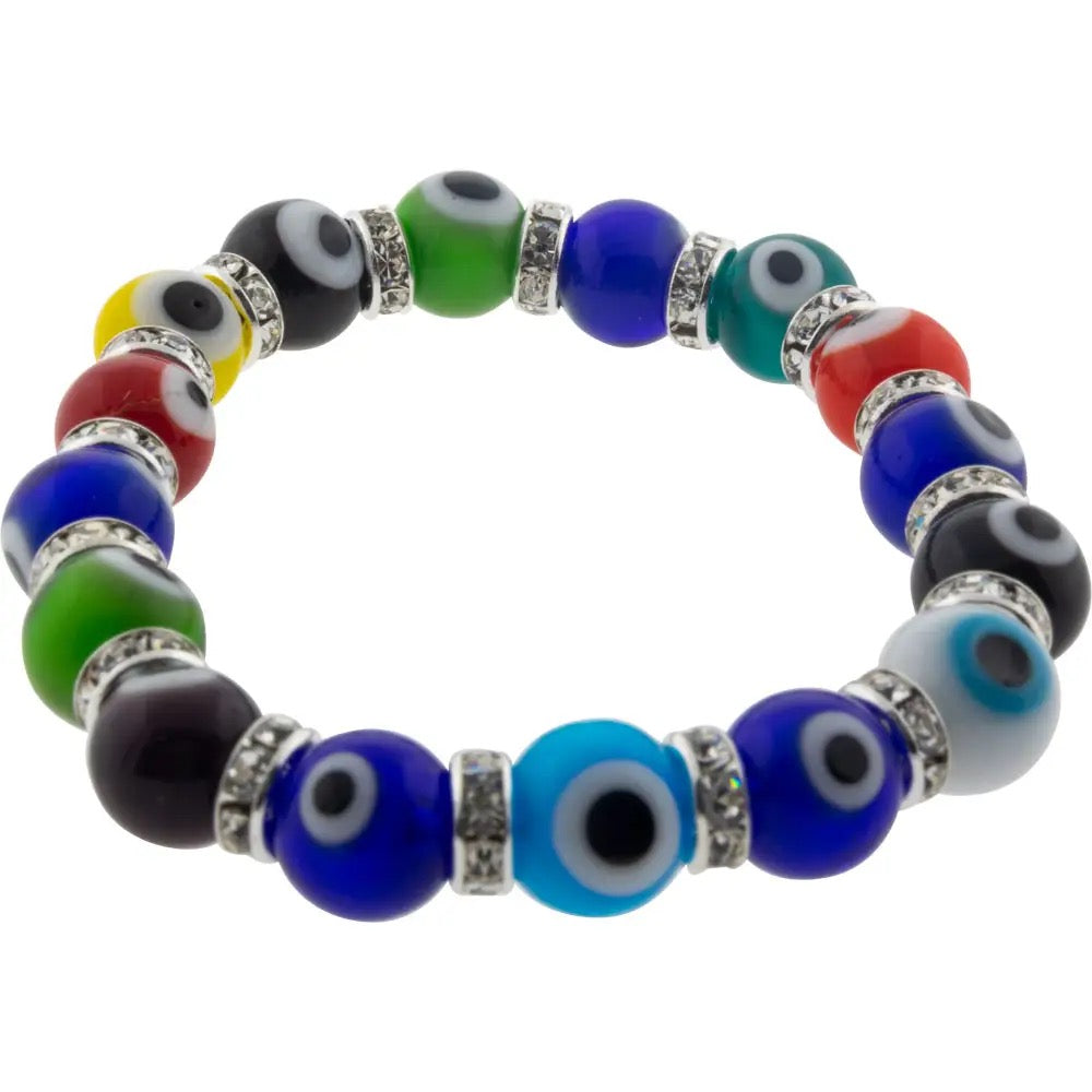 Multicolored beaded bracelet with eye-shaped beads on a white background