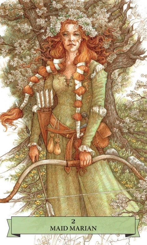 Illustration of Maid Marian with a bow and arrow, standing among trees and flowers.