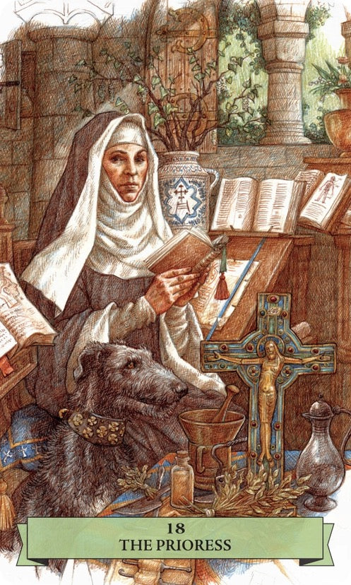 Illustration of a prioress with a dog in a room filled with books and a cross.
