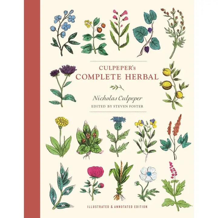 Front cover of the book Culpeper's Complete Herbal by Nicholas Culpeper, edited by Steven Foster. The cover features a cream background decorated with multiple colorful hand-drawn botanical illustrations of various herbs and flowers, with a solid muted red spine band visible on the left.
