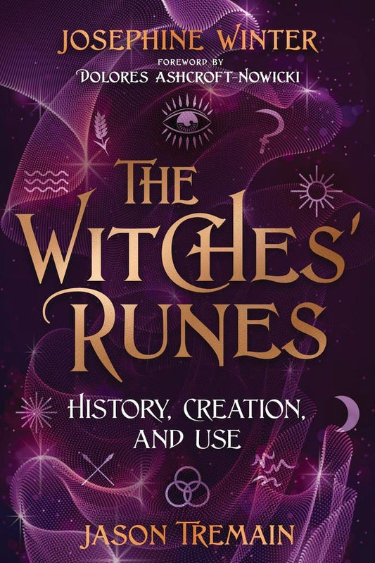 Book cover of 'The Witches' Runes' with magickal symbols and gold text on a dark background.