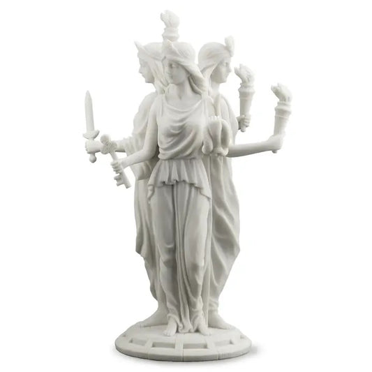 White statue of a draped figure with multiple arms on a white background