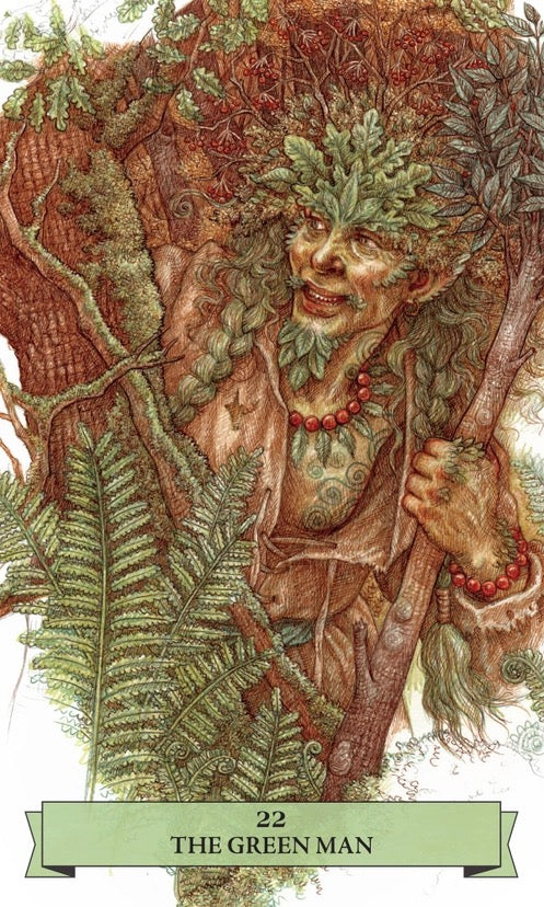 Illustration of The Green Man surrounded by foliage with a label '22 The Green Man'.