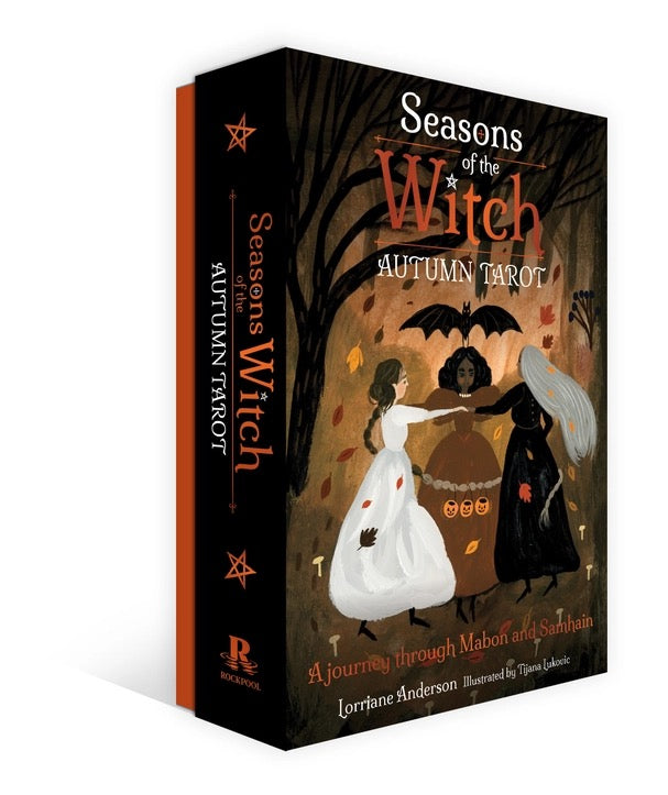 A boxed tarot card deck titled "Seasons of the Witch: Autumn Tarot" shown at a three-quarter angle on a white background. The box design is predominantly black with orange-red title text and an illustrated autumn scene featuring a witch, a cloaked figure, a cauldron, bats, and falling leaves.