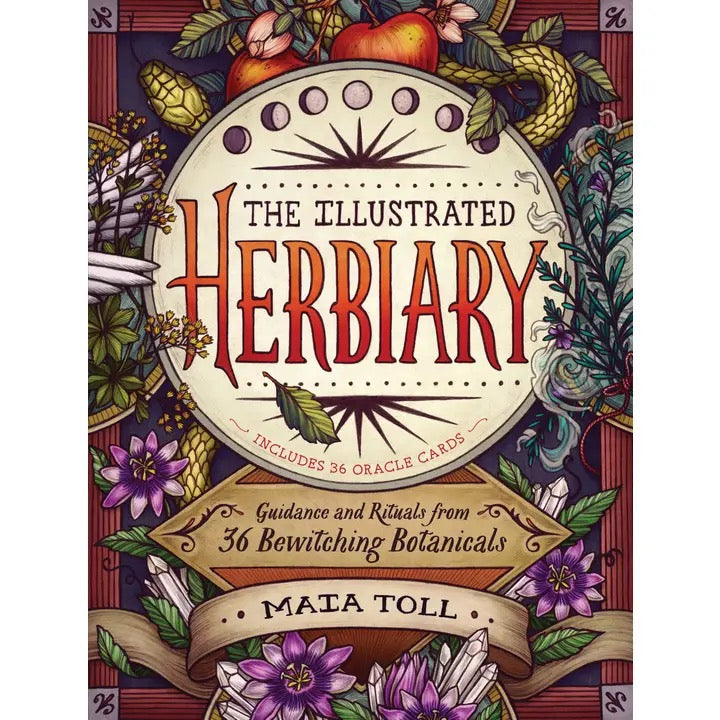 Book cover of 'The Illustrated Herbiary' with decorative elements and text.