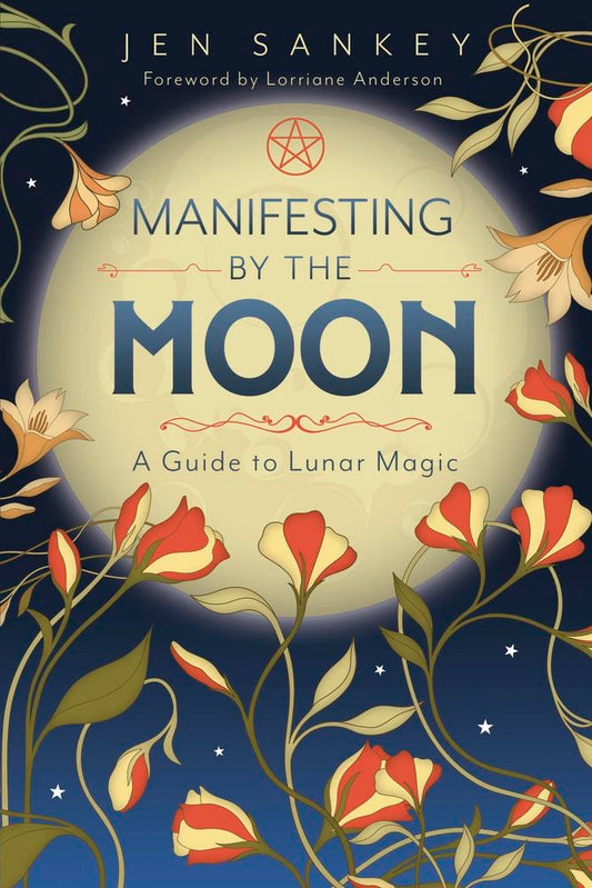 Book cover of 'Manifesting by the Moon' with floral design and moon illustration.