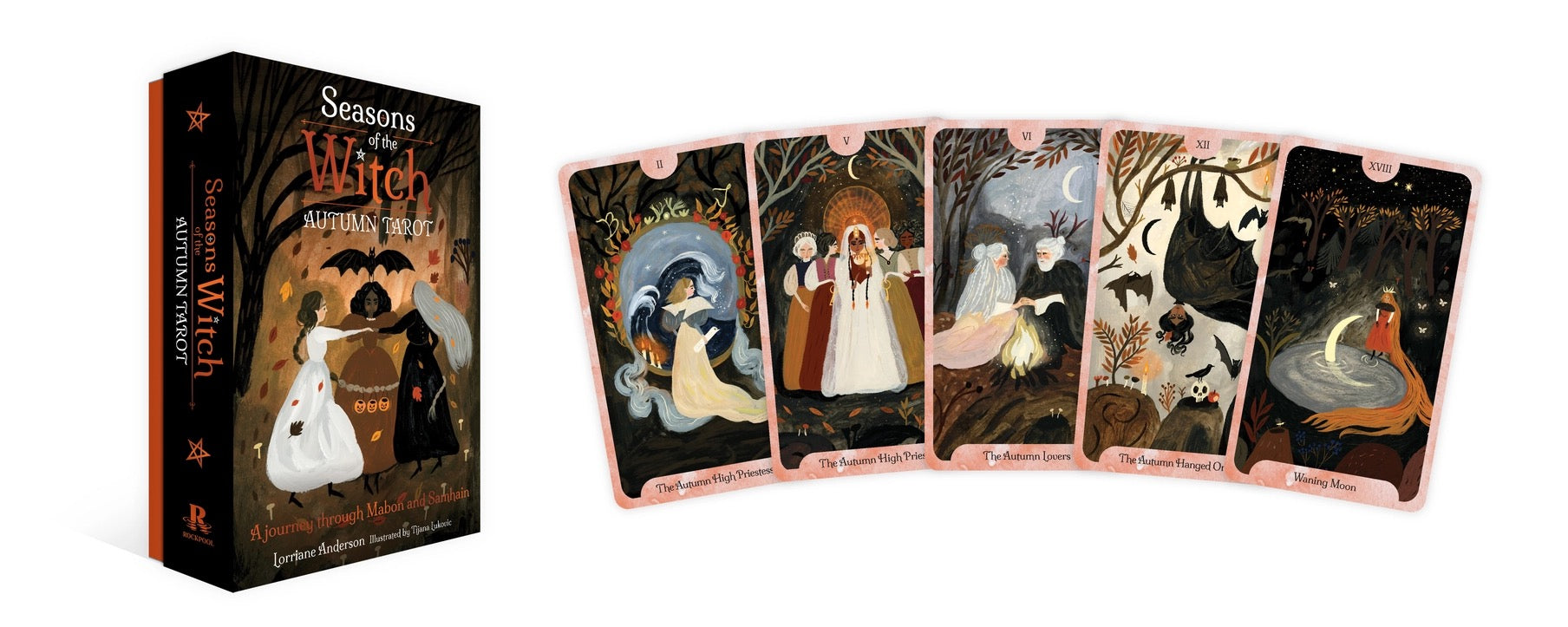 Seasons Witch Autumn Equinox card deck box shown next to five illustrated cards fanned out, featuring dark fantasy artwork with pink borders on a white background.