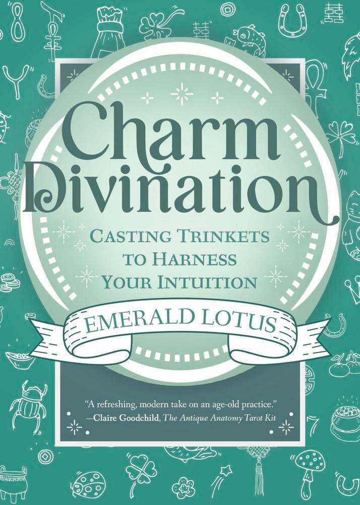Book cover of 'Charm Divination' with decorative elements on a teal background