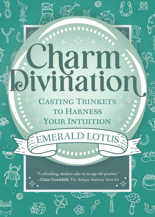 Book cover of 'Charm Divination' with decorative elements on a teal background