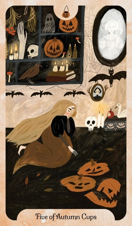 Halloween-themed illustration with a woman, pumpkins, and bats on a shelf.