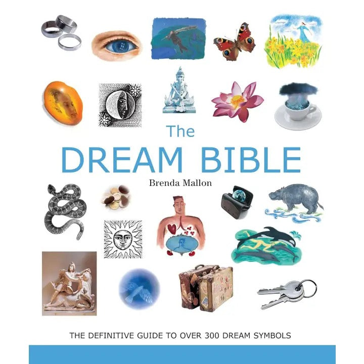 The Dream Bible book cover by Brenda Mallon, featuring a white background with a grid of colorful dream symbols and illustrations, including rings, an eye, a butterfly, a lotus flower, a snake, a suitcase, and keys, with the title in large blue text.