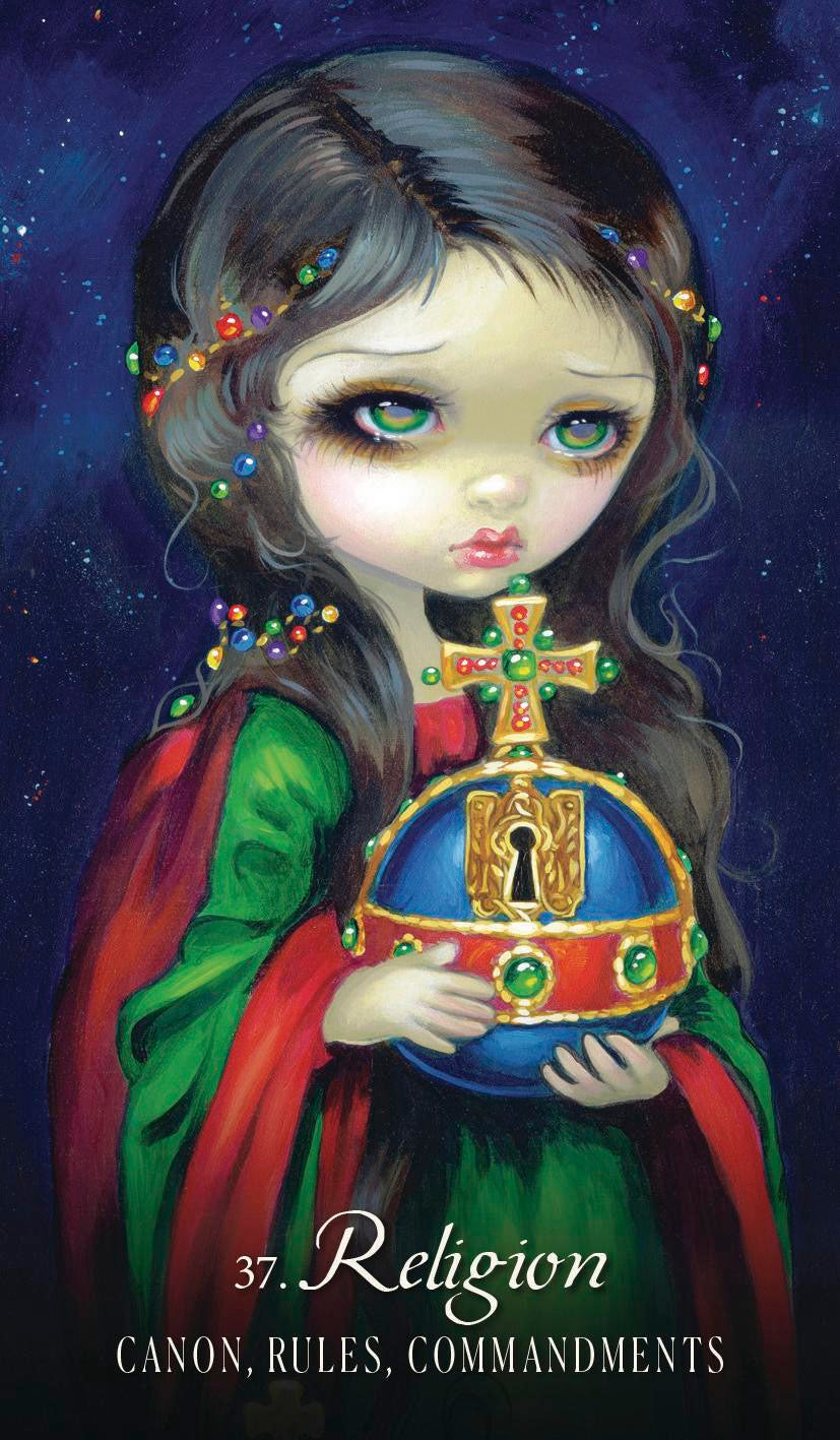 Illustration of a girl holding a crown with 'Religion' text on a dark background