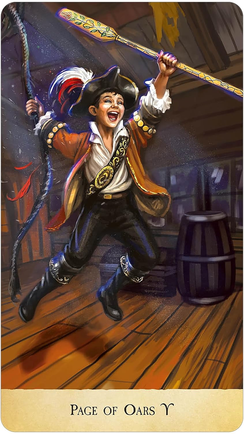 Card featuring a character in pirate attire on a ship with 'Page of Oars' text.