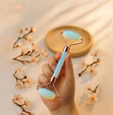 Apatite massage roller with wooden bowl and white flowers.