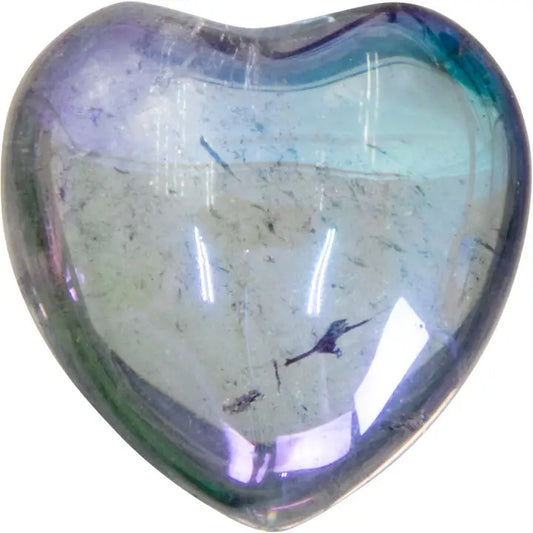 Heart-shaped crystal with multicolored iridescent surface on a white background