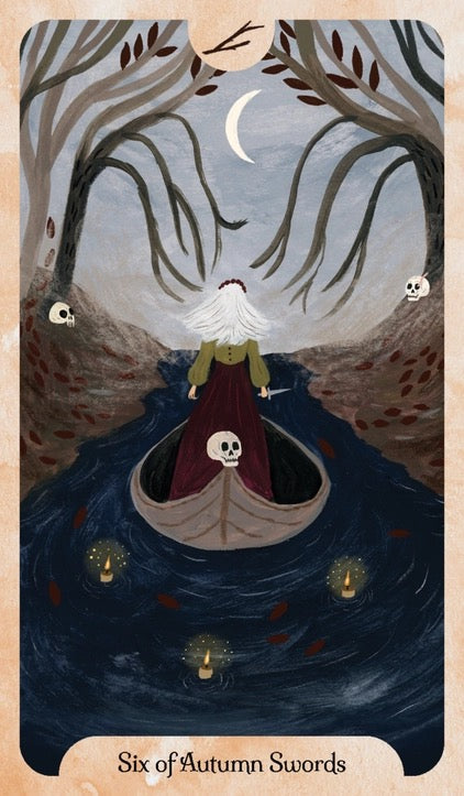 A tarot card illustration titled 'Six of Autumn Swords' showing a ghostly figure with white hair standing in a boat on dark water, surrounded by leafless trees, skulls, and floating candles, with a beige parchment-like border.