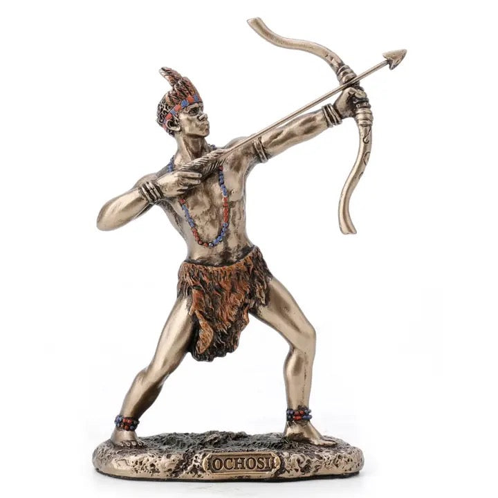 Bronze statue of a warrior with bow and arrow on a white background
