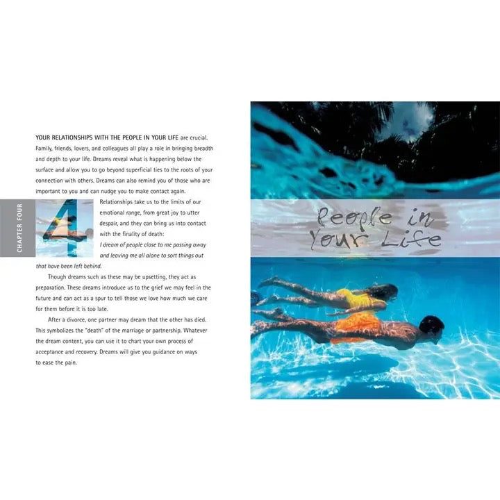 A split-page card or booklet spread with printed text on the left and a scenic photograph on the right. The right side shows a blue ocean with a small boat and the handwritten phrase 'people in your life' across the water.