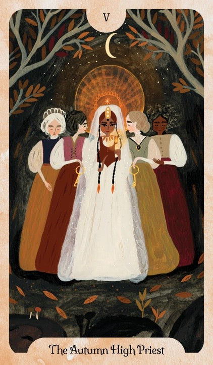 A tarot-style art print titled 'The Autumn High Priest' showing a group of priests in robes under a crescent moon and tree canopy, with the Roman numeral V at the top.