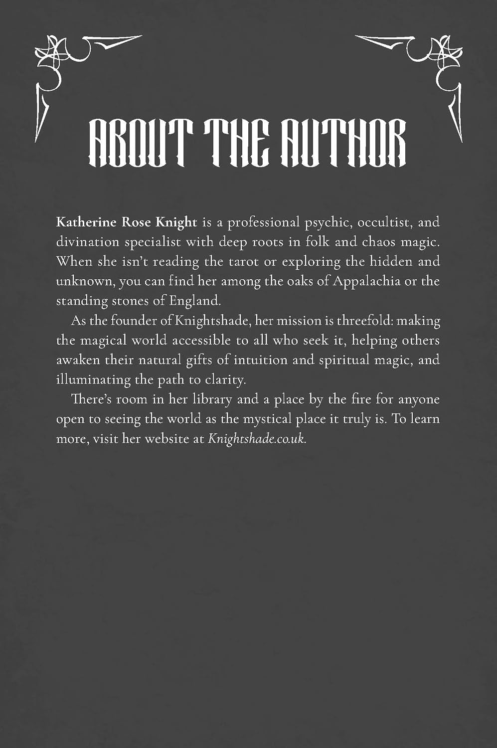 Text about the author on a black background