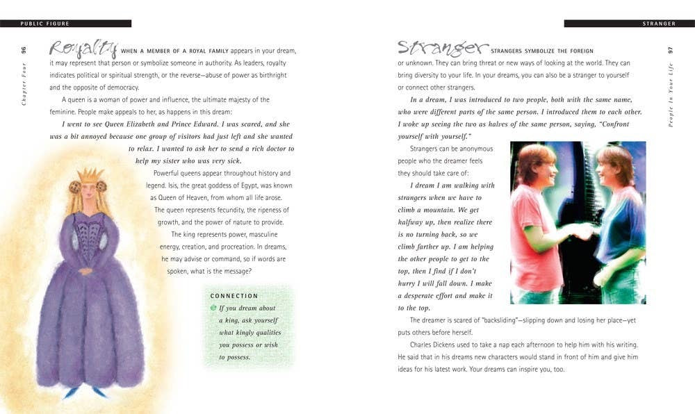 Magazine page with text and illustrations, including a woman in a purple dress and two people holding hands.