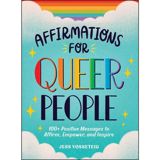 Book cover of 'Affirmations for Queer People' with rainbow text and cloud design.