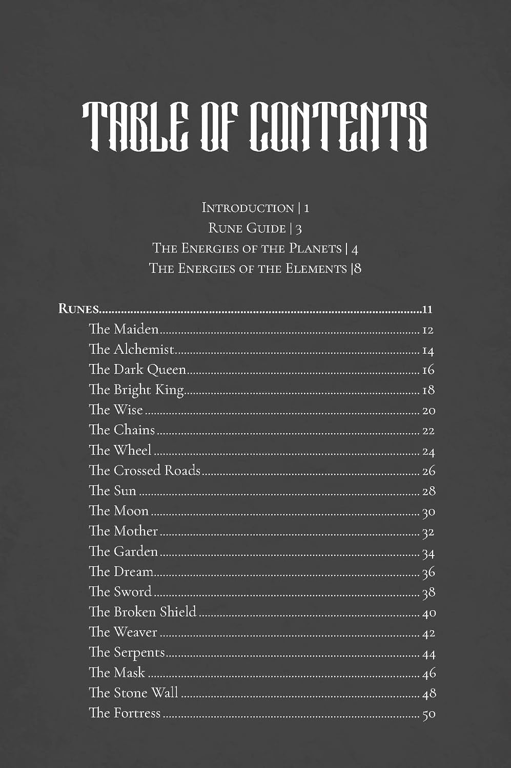 Table of Contents Text on a black background
