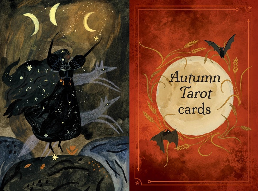 Front cover of a tarot card deck titled 'Autumn Tarot cards,' shown as a split design: the left half features a dark witch-like figure under crescent moons and stars, and the right half has a red textured background with a large cream moon, wheat vines, and bats.