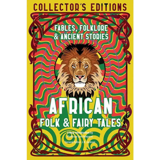 Book cover of 'African Folk & Fairy Tales' with a lion illustration and colorful design.