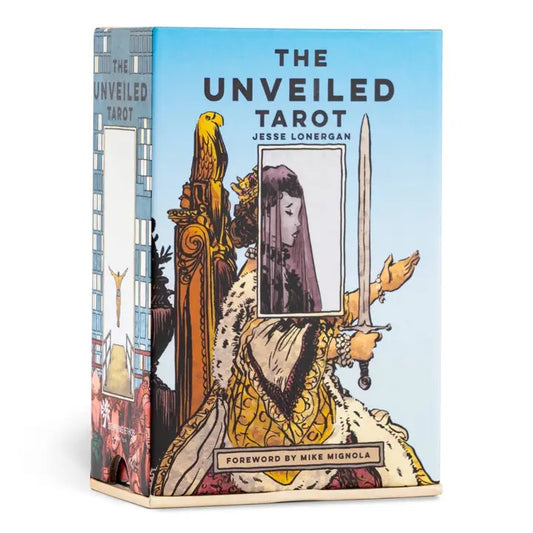 Book titled 'The Unveiled Tarot' with artistic cover design on a white background