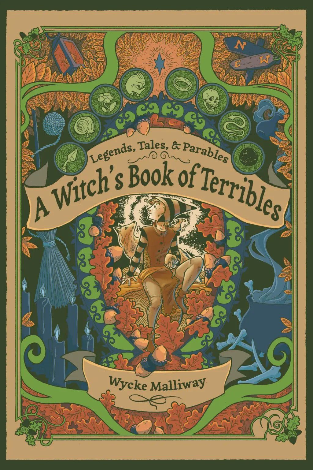 Book cover of 'A Witch's Book of Terribles' with decorative elements and text.