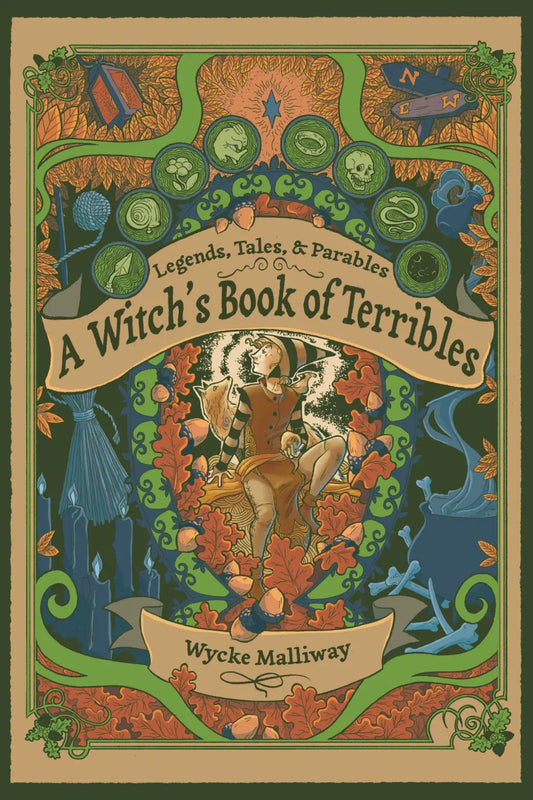Book cover of 'A Witch's Book of Terribles' with decorative elements and text.