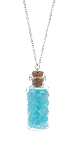 Necklace with a glass bottle pendant containing blue beads on a white background