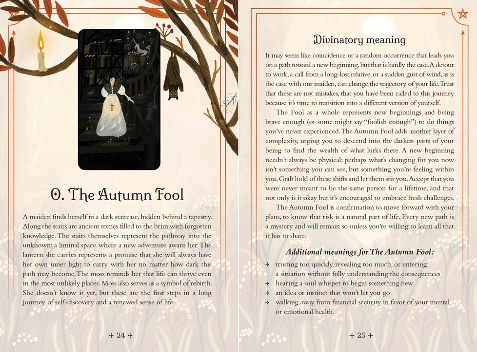 An open book spread showing two printed pages with illustrated cover art at the top and text sections below, including the heading 'Diviner meaning' and page numbers 24 and 25.