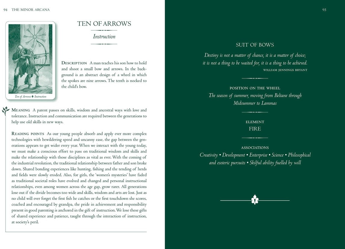 Book page with text and illustrations on a green background
