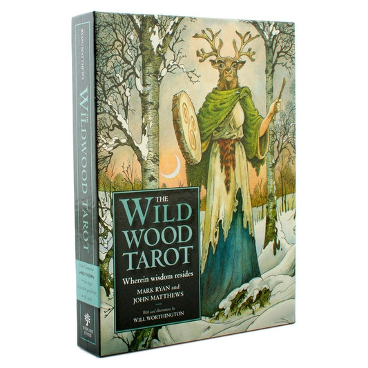 Box for 'The Wild Wood Tarot' with a figure holding a drum in a forest setting.