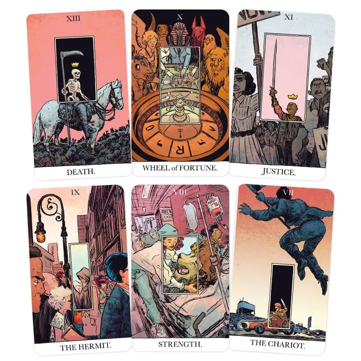 Six tarot cards from Rider-Waite deck with illustrations and text