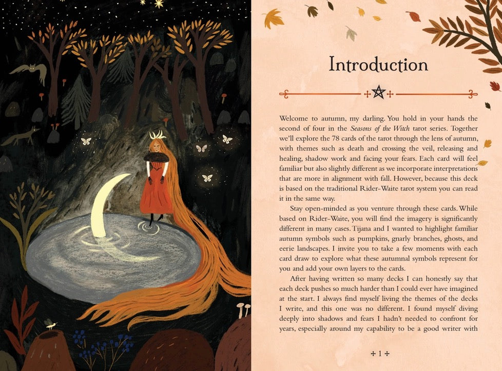 Illustration of a person with long orange hair standing on a moonlit path in a forest, with text on the right side.